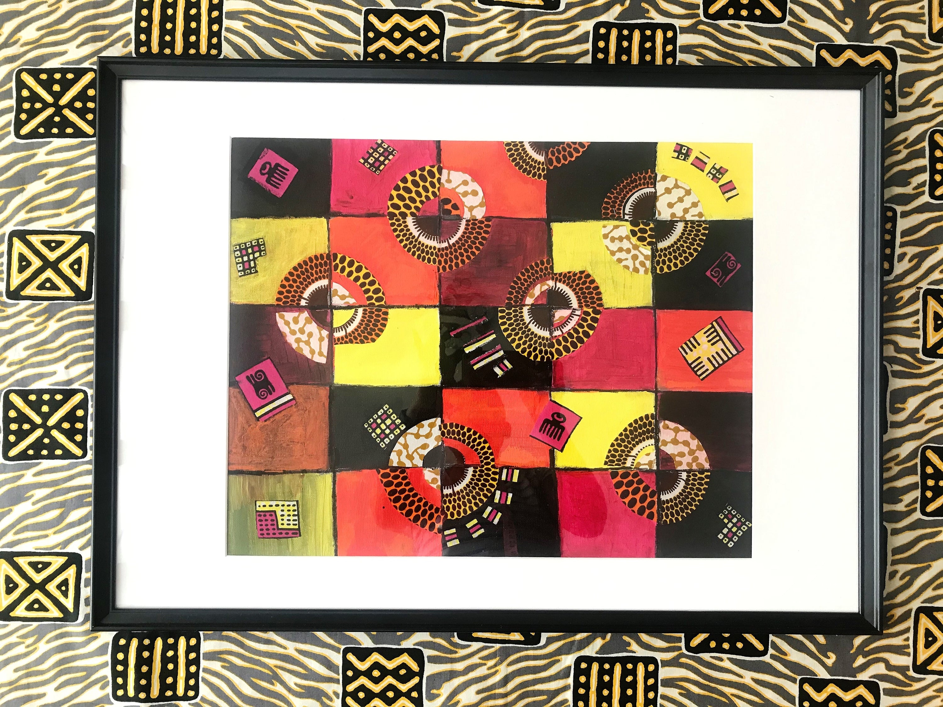 TIMELESS Recycled Ankara Fabric Art featuring vibrant colors and ancient African symbols on a canvas panel.