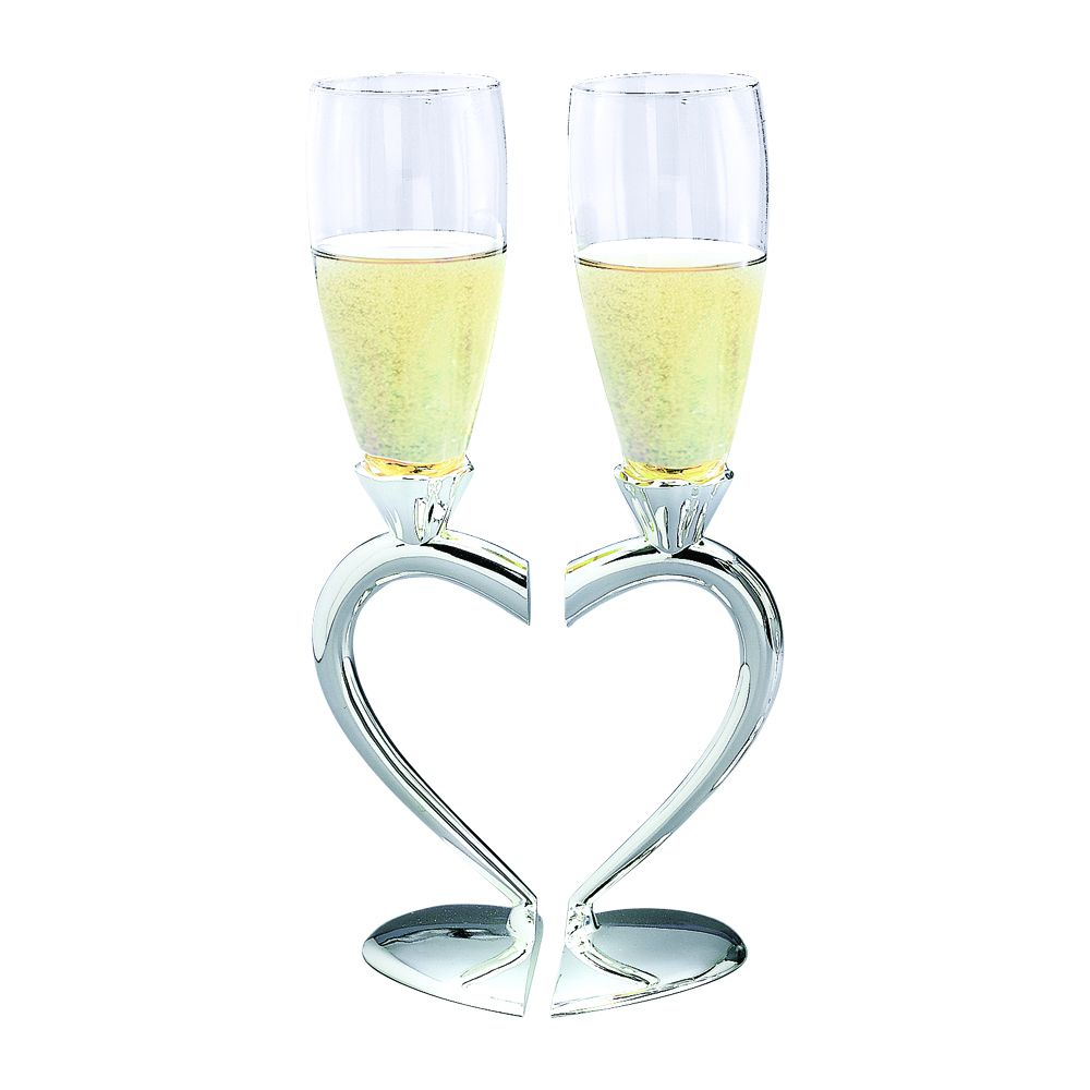 Elegant toasting goblets with heart-shaped base and stem, made of non-tarnish silver and glass, perfect for weddings.