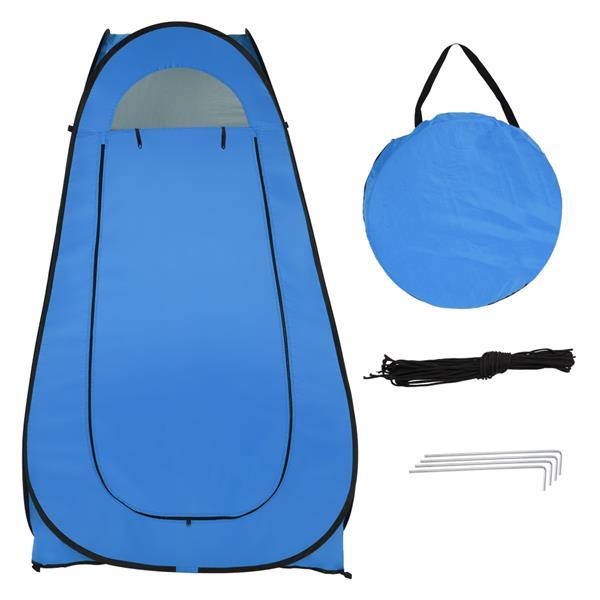 Portable blue toilet shower tent for camping, designed for 1-2 persons with pop-up feature.