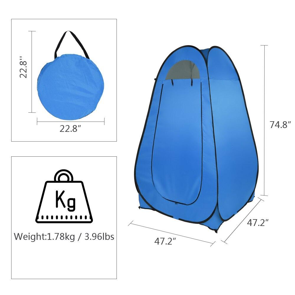 Portable blue toilet shower tent for camping, designed for 1-2 persons with pop-up feature.