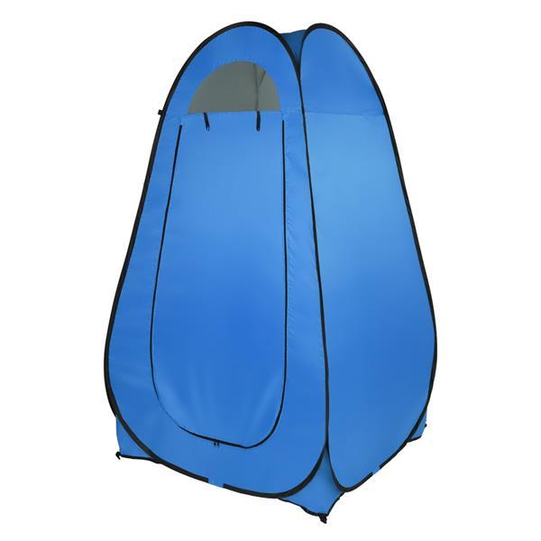 Portable blue toilet shower tent for camping, designed for 1-2 persons with pop-up feature.