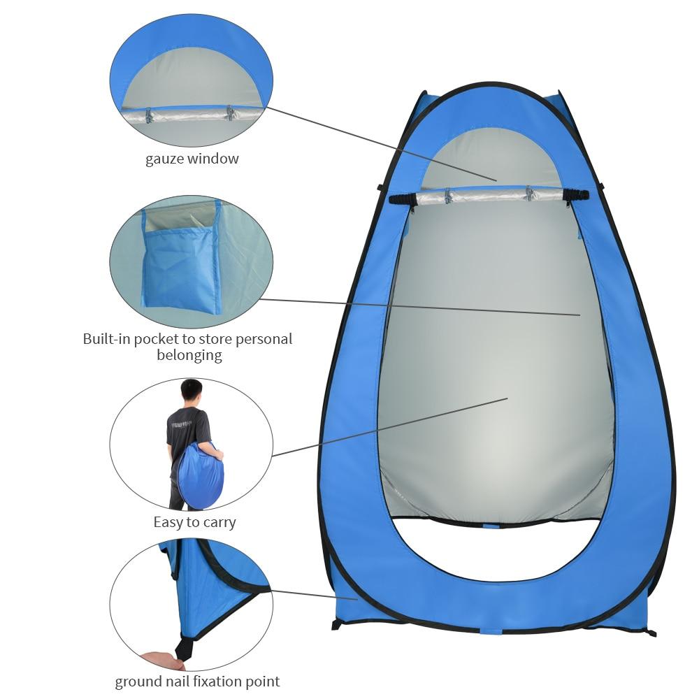 Portable blue toilet shower tent for camping, designed for 1-2 persons with pop-up feature.