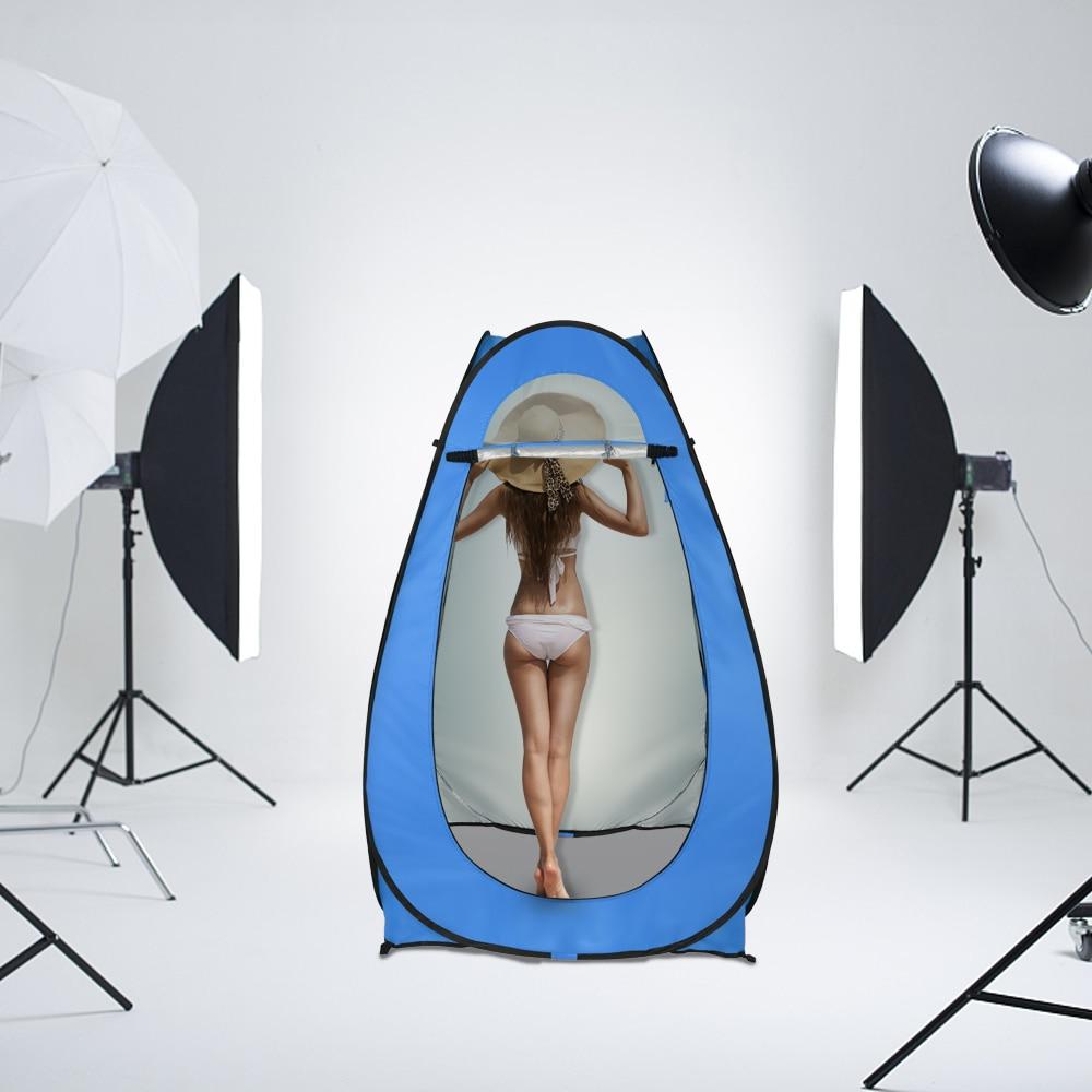 Portable blue toilet shower tent for camping, designed for 1-2 persons with pop-up feature.