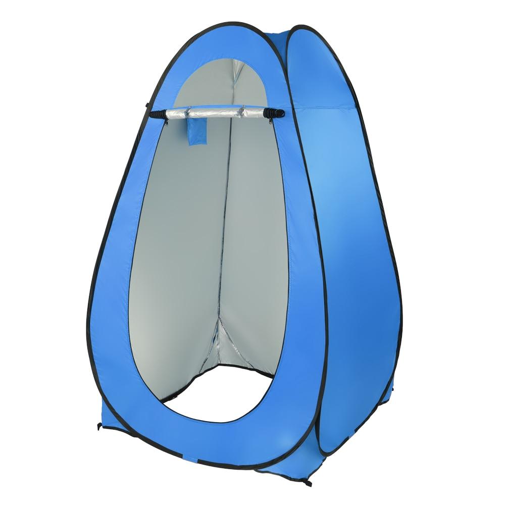 Portable blue toilet shower tent for camping, designed for 1-2 persons with pop-up feature.