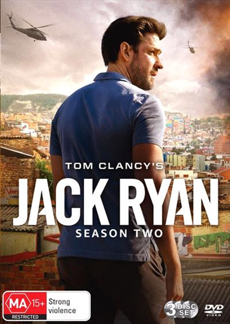 Tom Clancy's Jack Ryan - Season 2 DVD cover featuring Jack Ryan in action, showcasing intense espionage themes.