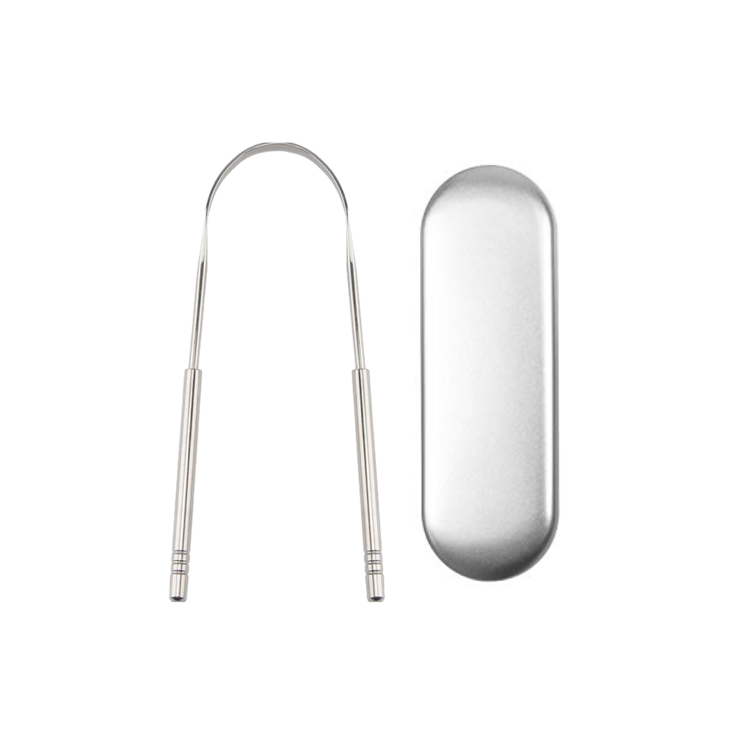 Stainless steel tongue scraper cleaner with a metal case, designed for effective oral hygiene and bad breath elimination.