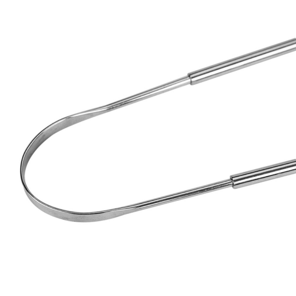 Stainless steel tongue scraper cleaner with a metal case, designed for effective oral hygiene and bad breath elimination.