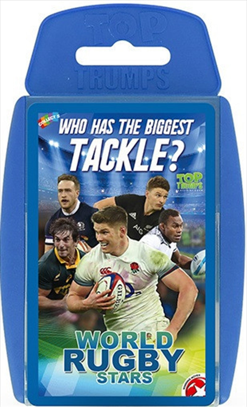 Top Trumps - World Rugby Stars card game featuring rugby player stats and images.