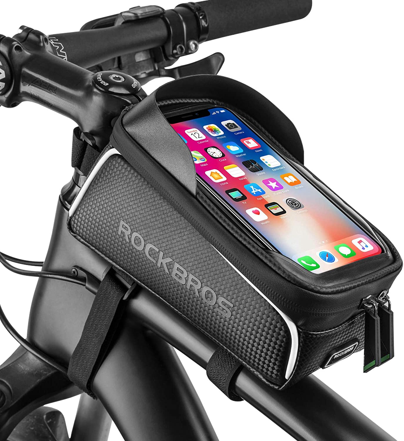 ROCKBROS Top Tube Bike Bag featuring a touch-screen waterproof cover, designed for easy access to essentials while cycling.