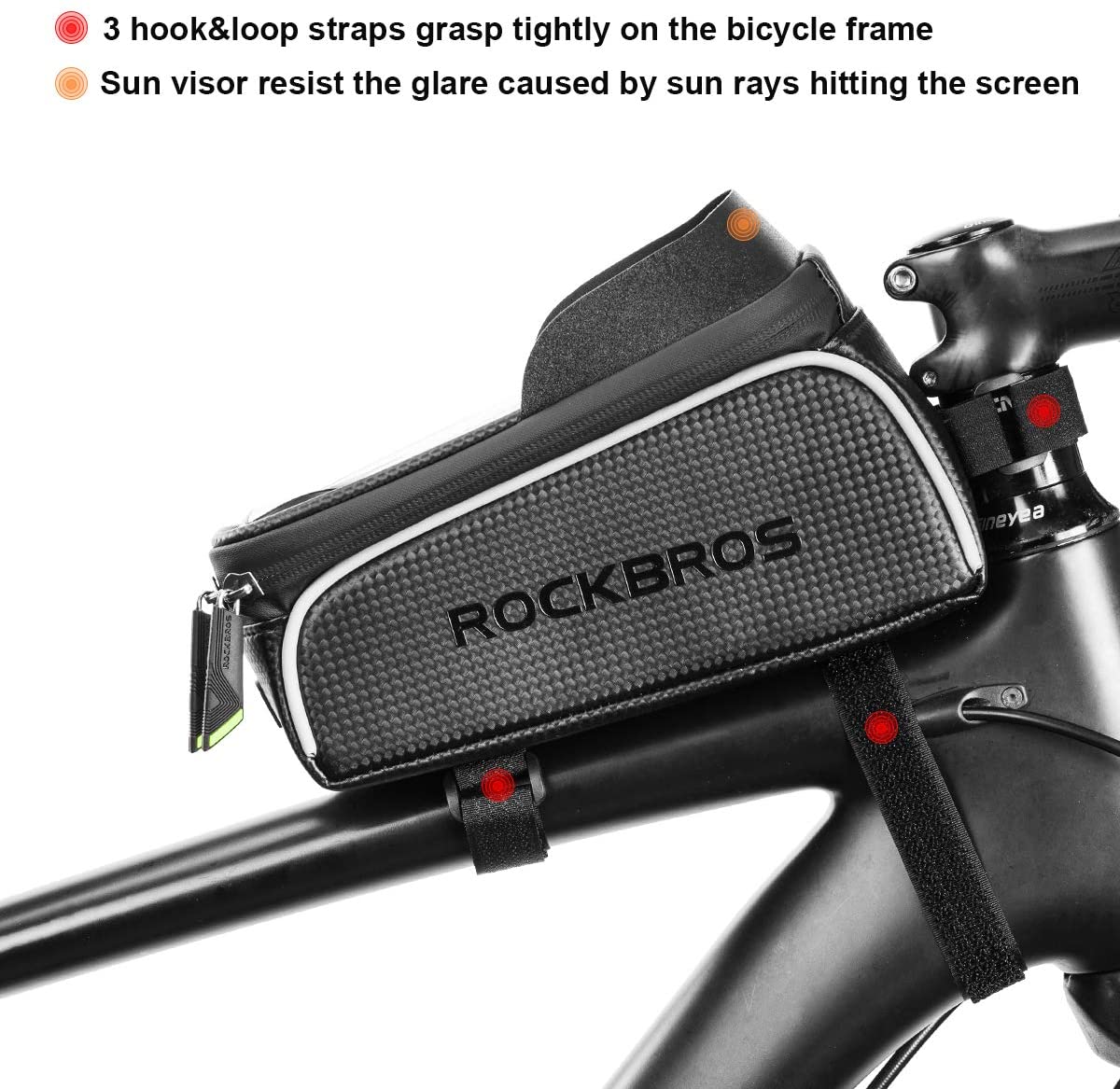 ROCKBROS Top Tube Bike Bag featuring a touch-screen waterproof cover, designed for easy access to essentials while cycling.