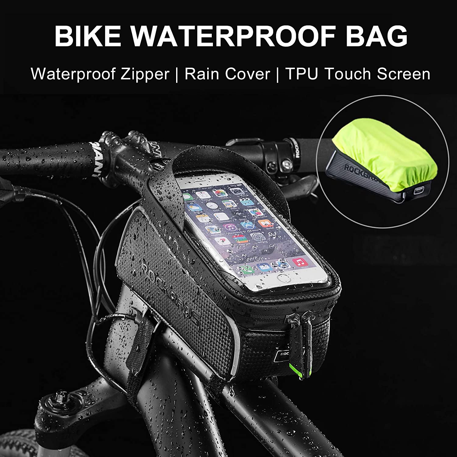 ROCKBROS Top Tube Bike Bag featuring a touch-screen waterproof cover, designed for easy access to essentials while cycling.