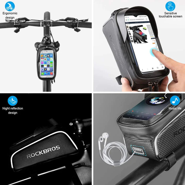 ROCKBROS Top Tube Bike Bag featuring a touch-screen waterproof cover, designed for easy access to essentials while cycling.