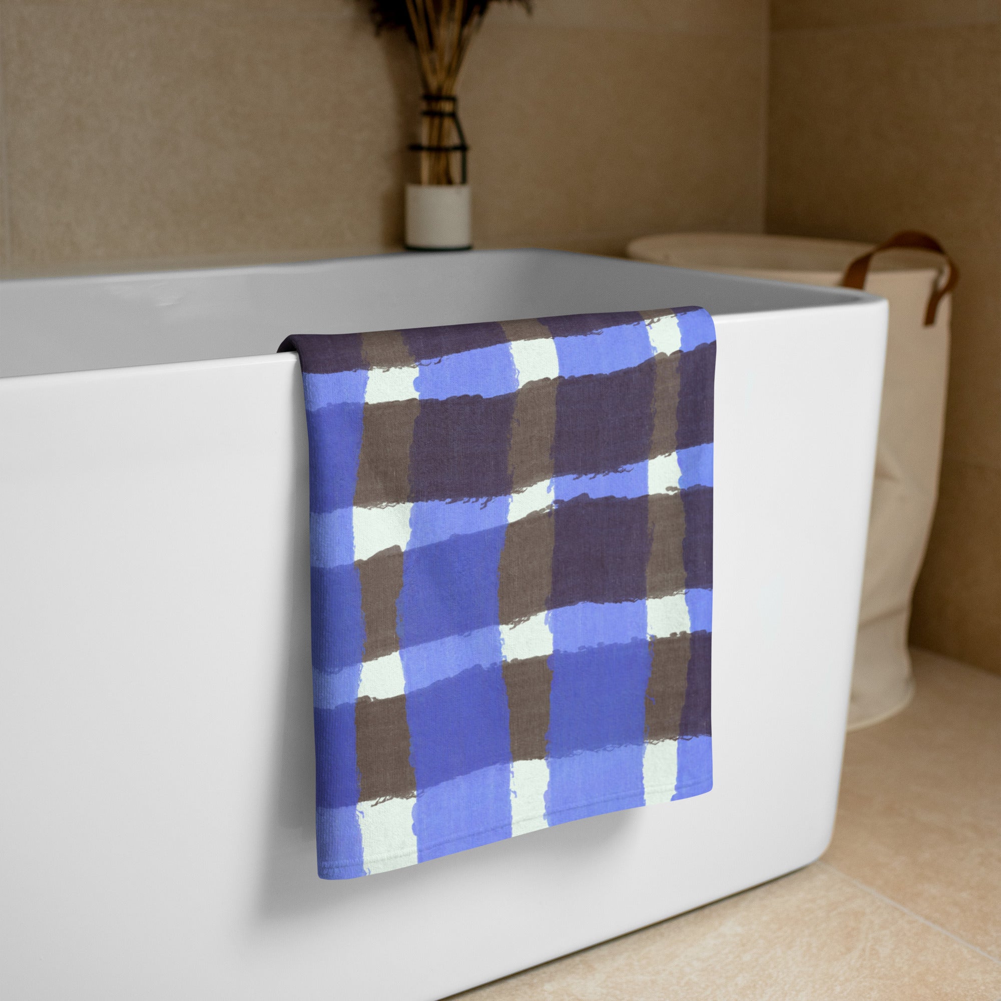 A vibrant all-over sublimation towel featuring a colorful design, made from a soft cotton and polyester blend, ideal for bathroom or beach use.