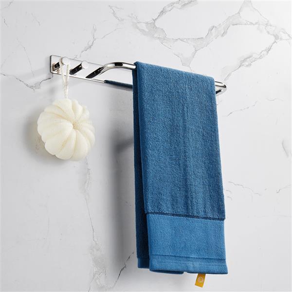 A sleek towel bar holder rack made of polished 304 stainless steel, featuring a strong adhesive backing for easy installation, ideal for hanging towels and robes.