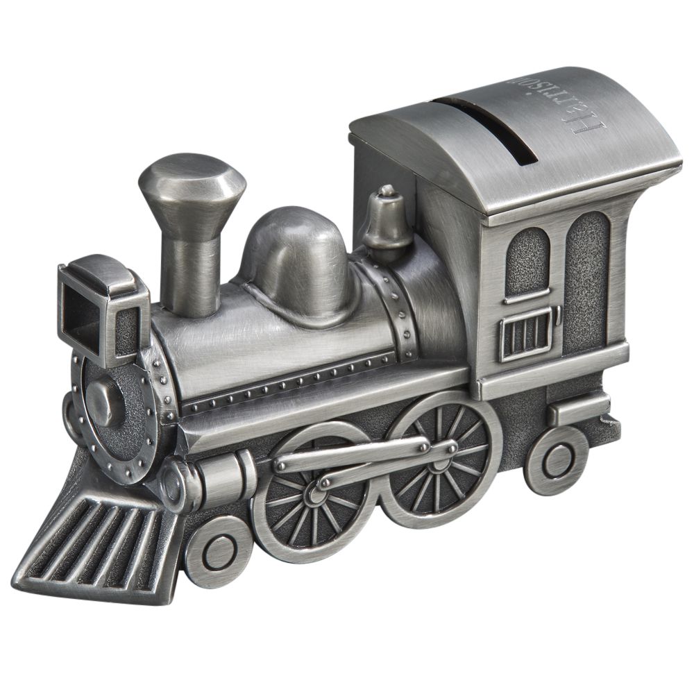 A beautifully crafted train bank with a matte finish, featuring intricate details and an antique pewter look, perfect for saving coins.