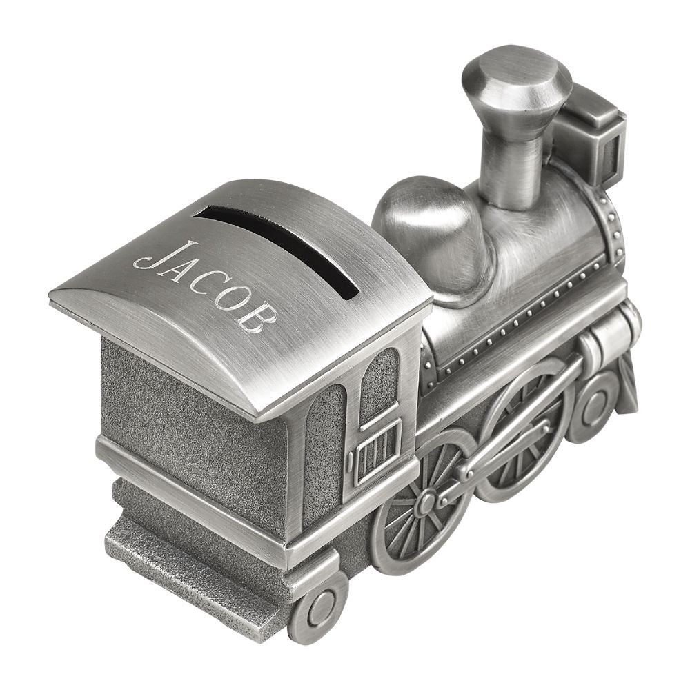 A beautifully crafted train bank with a matte finish, featuring intricate details and an antique pewter look, perfect for saving coins.