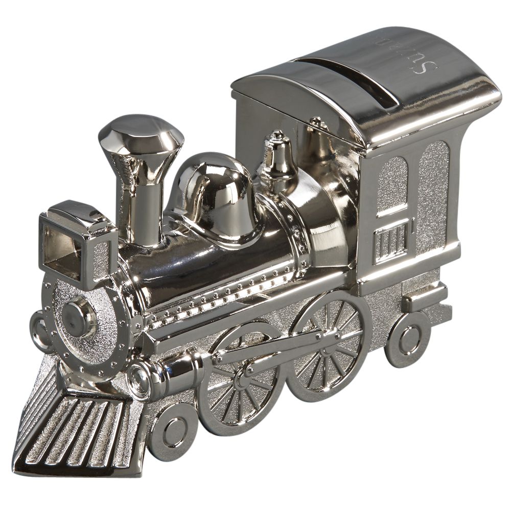 A beautifully crafted Train Bank with a polished nickel finish, featuring detailed artwork and a coin slot on the roof.