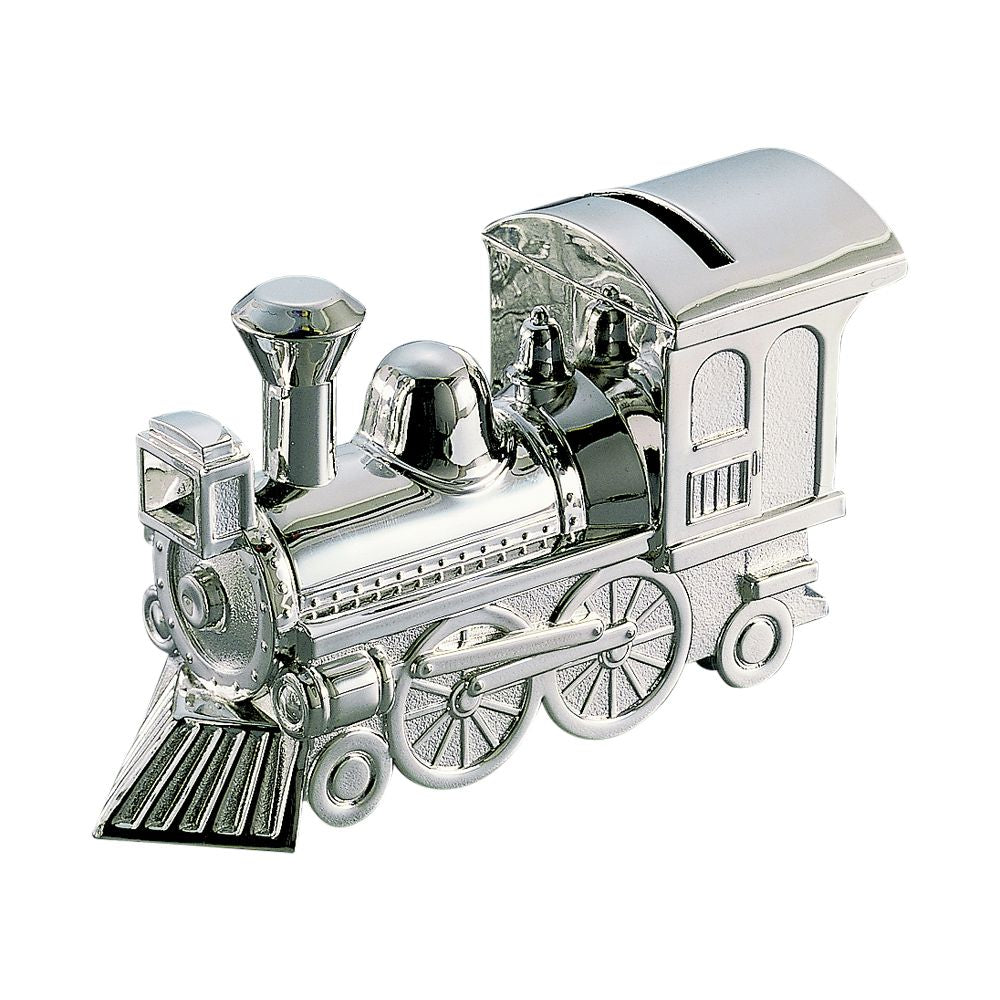 A beautifully crafted Train Bank with a polished nickel finish, featuring detailed artwork and a coin slot on the roof.