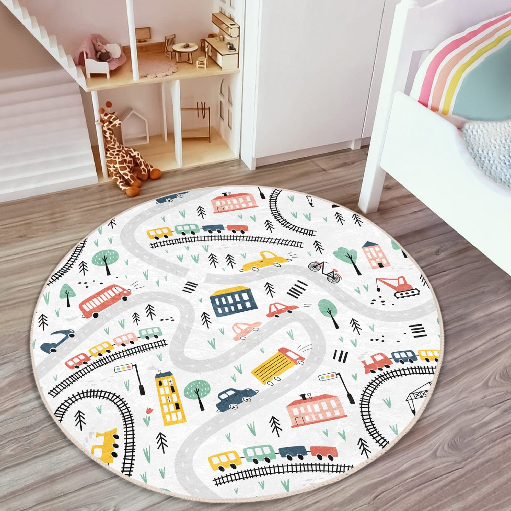 A colorful round rug featuring playful trains and cars, perfect for a child's room, showcasing vibrant designs and soft texture.