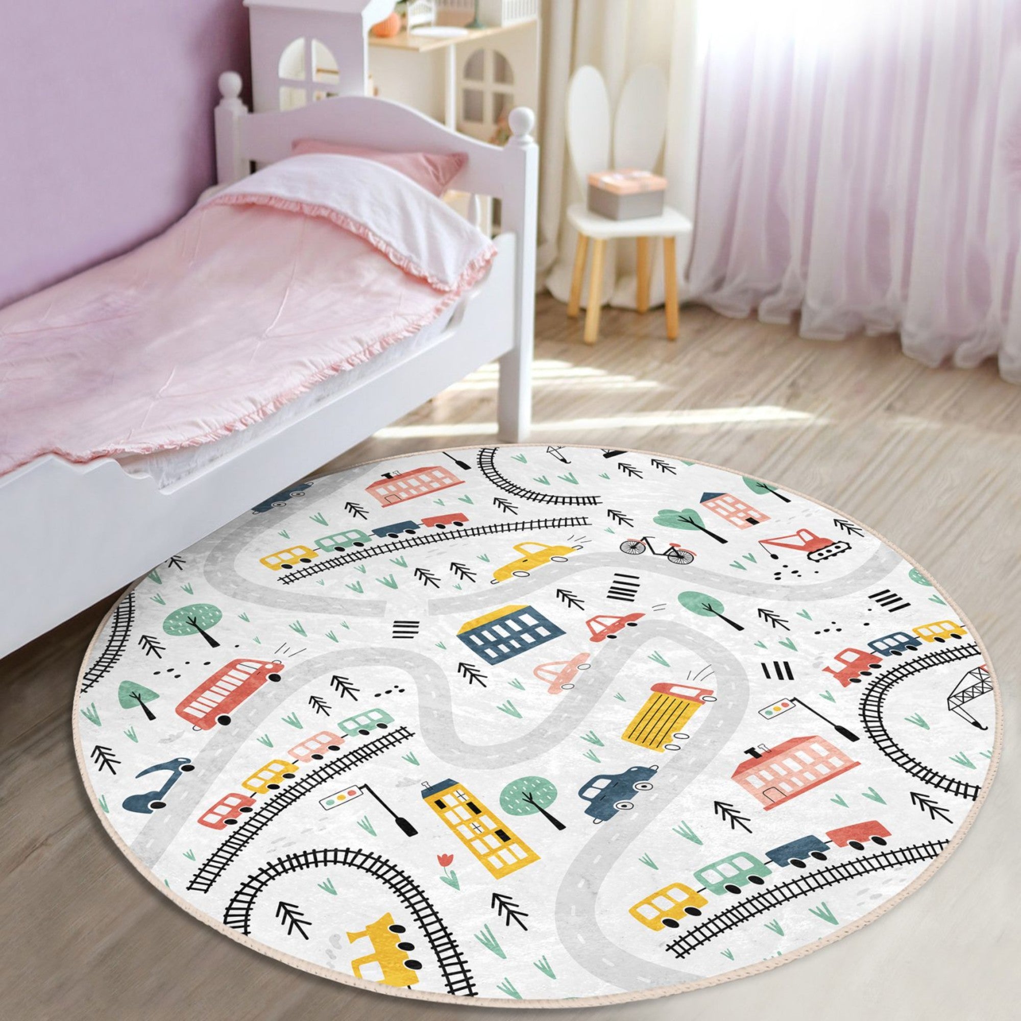 A colorful round rug featuring playful trains and cars, perfect for a child's room, showcasing vibrant designs and soft texture.