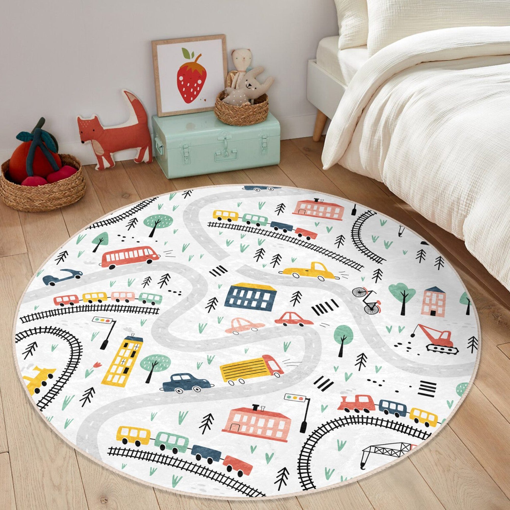 A colorful round rug featuring playful trains and cars, perfect for a child's room, showcasing vibrant designs and soft texture.