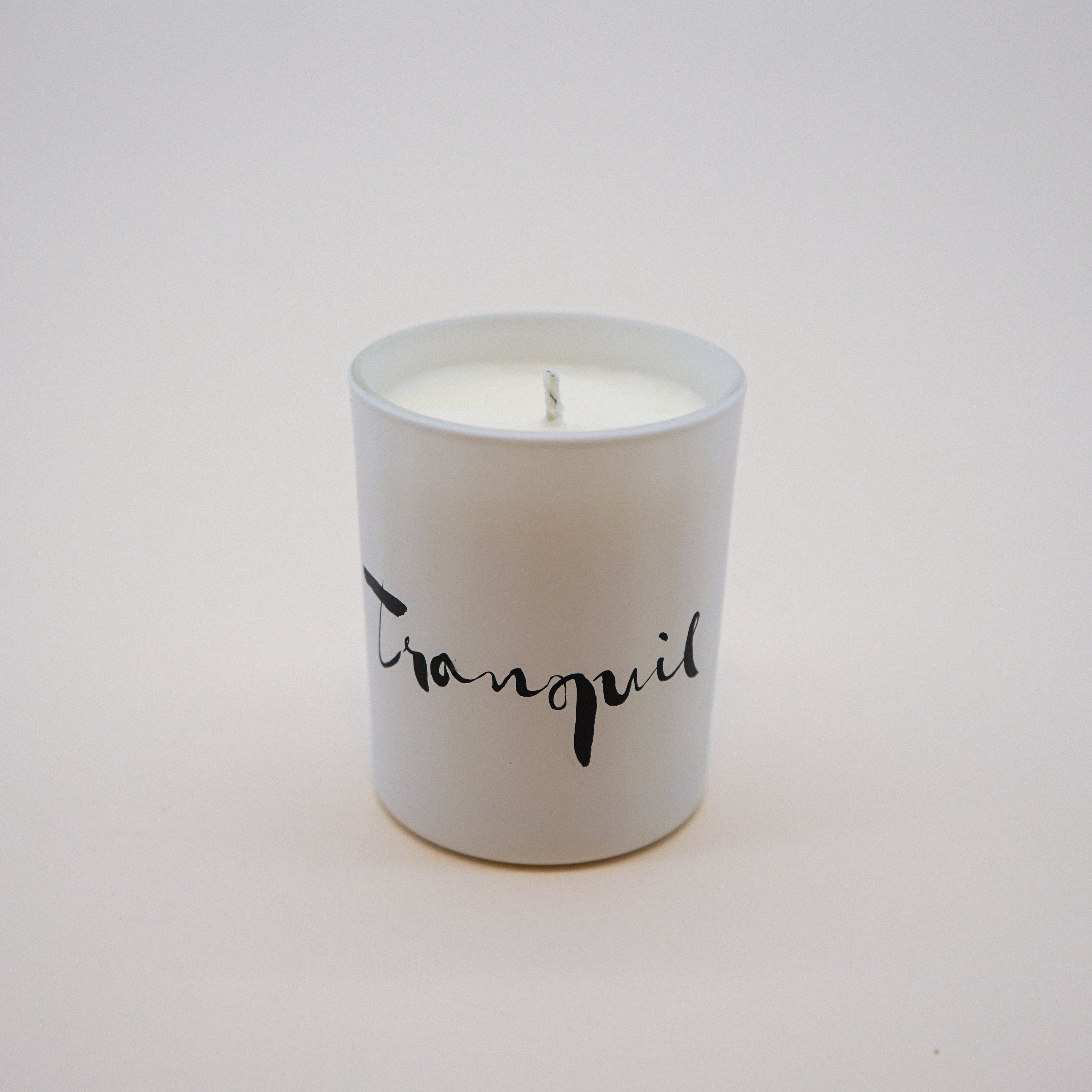 Tranquil Natural Wax Candle Set featuring lavender and bergamot scents in elegant white glass containers with a tranquil brush painting design.