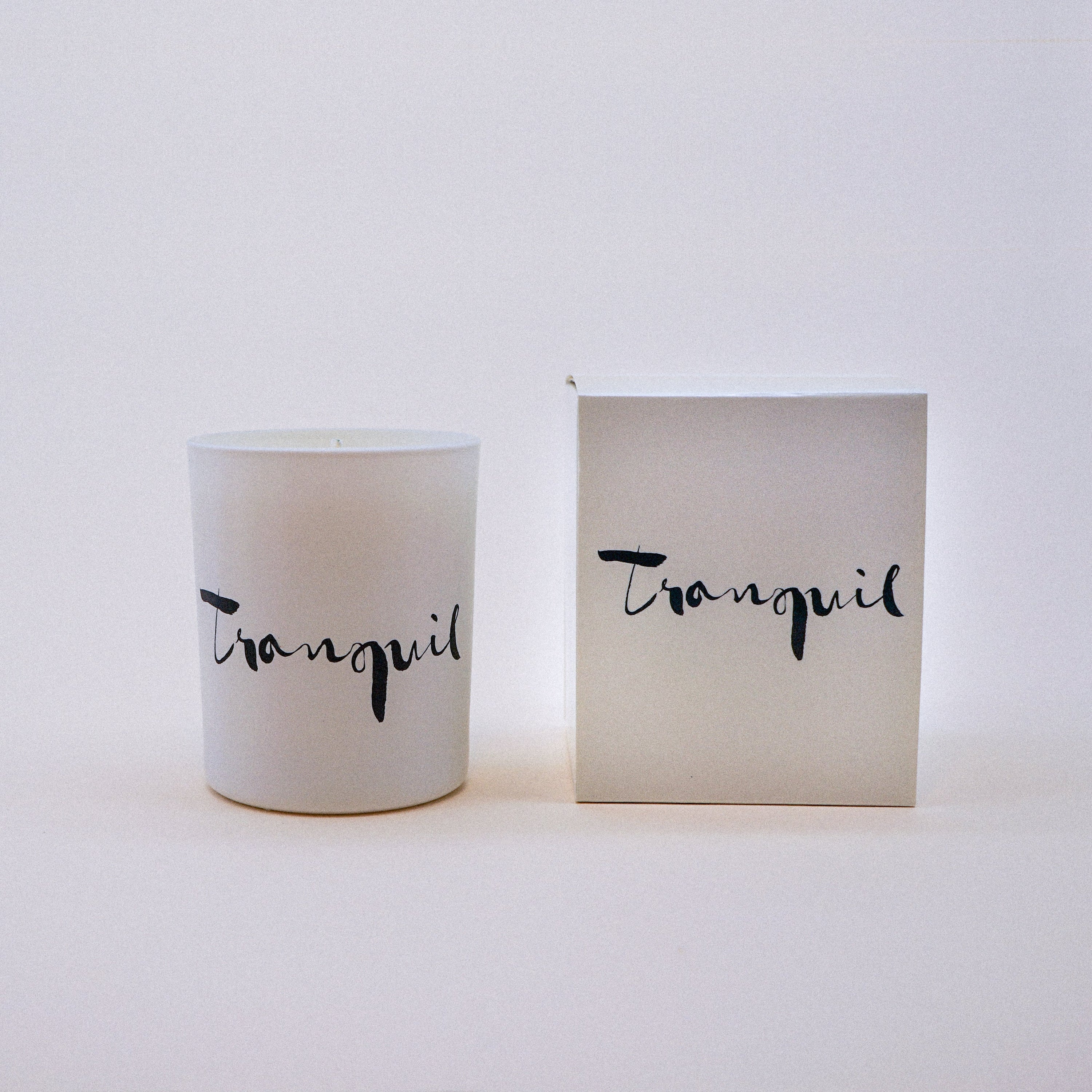 Tranquil Natural Wax Candle Set featuring lavender and bergamot scents in elegant white glass containers with a tranquil brush painting design.