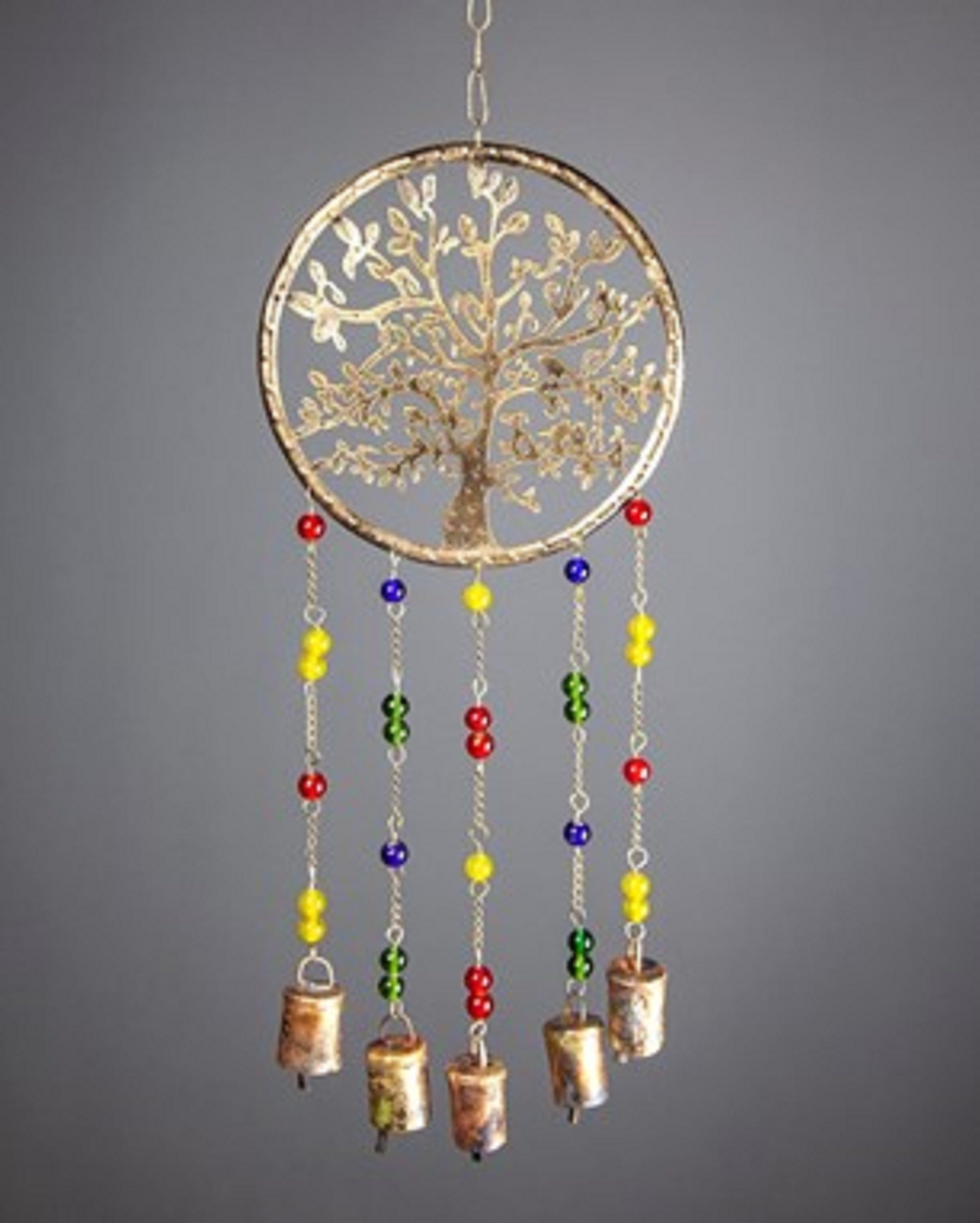 Handmade Tree of Life chime featuring brass bells, colorful glass beads, and intricate metal design, perfect for home decor.