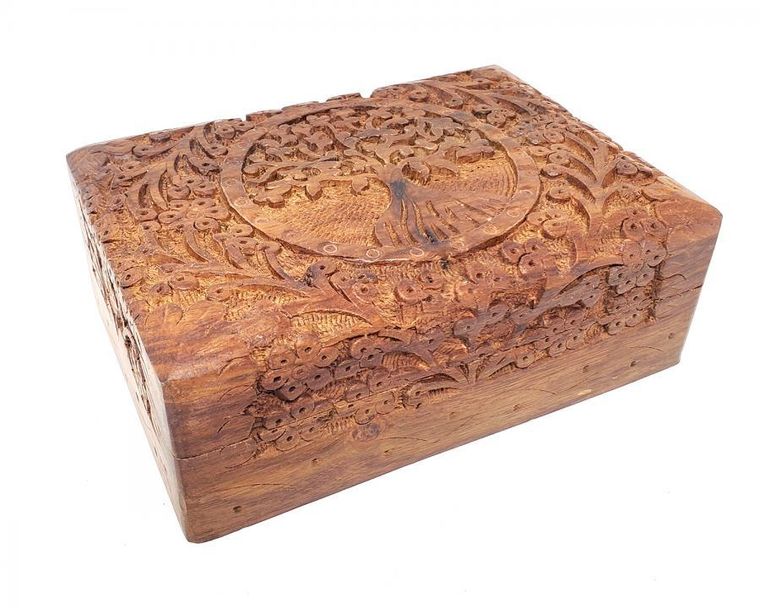 Hand carved wooden box featuring the Tree of Life design, measuring 5x7 inches, ideal for storing keepsakes.