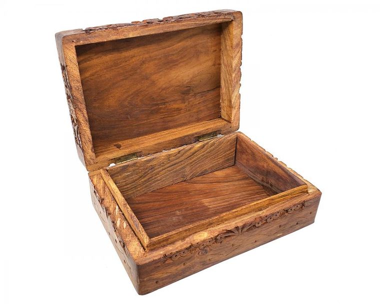 Hand carved wooden box featuring the Tree of Life design, measuring 5x7 inches, ideal for storing keepsakes.