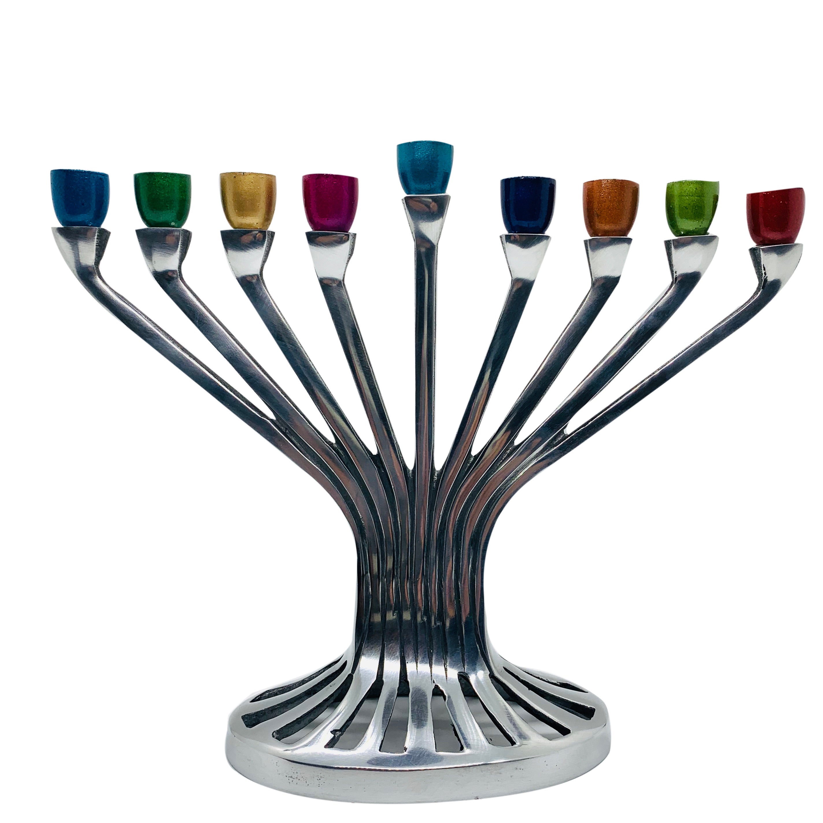 A beautifully designed Tree of Life Menorah made of aluminum with a polished nickel finish, showcasing a sleek and elegant silhouette.