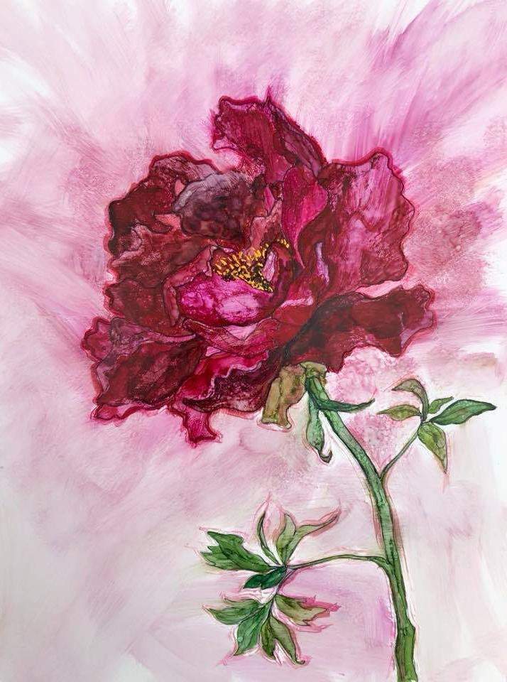 A vibrant tree peony greeting card featuring a colorful mixed media painting from my mother's garden.