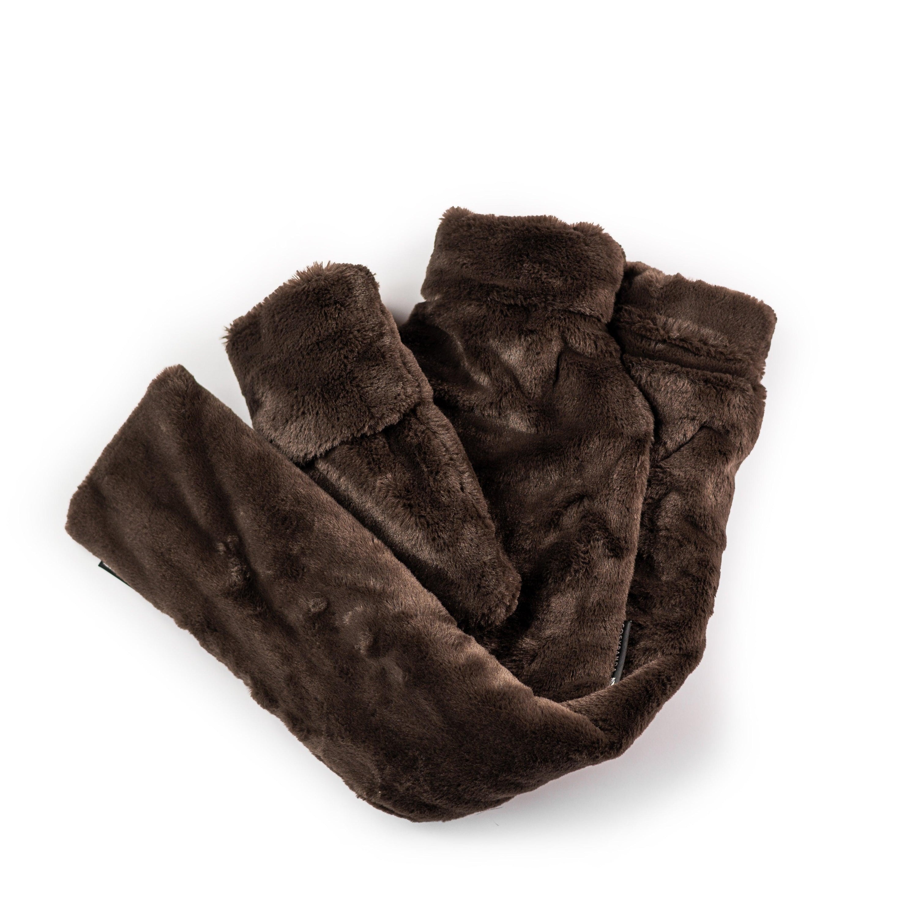 Triple Chocolate Faux Fur Hot Water Bottle Gift Set featuring three sizes of hot water bottles in dark chocolate faux fur.