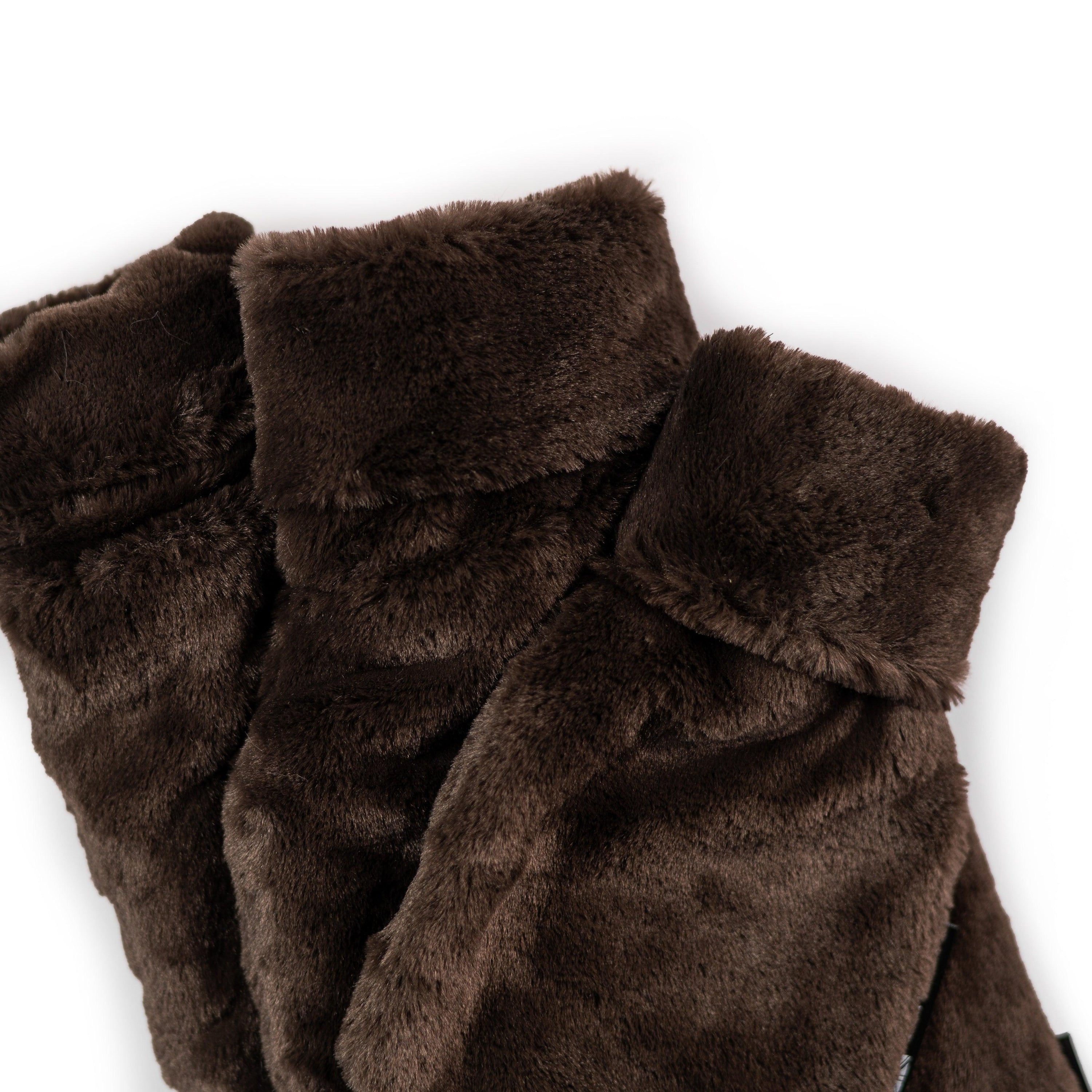 Triple Chocolate Faux Fur Hot Water Bottle Gift Set featuring three sizes of hot water bottles in dark chocolate faux fur.