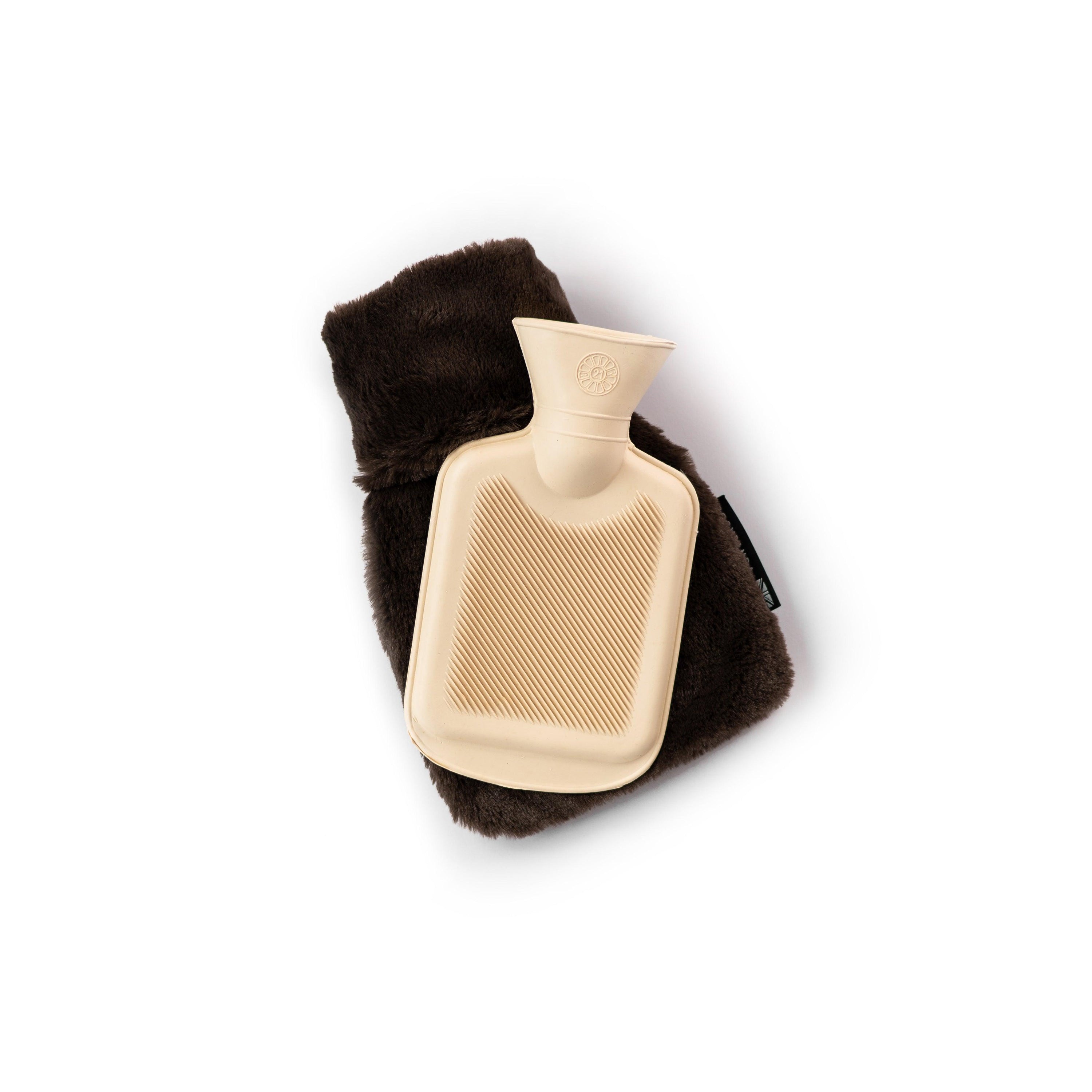 Triple Chocolate Faux Fur Hot Water Bottle Gift Set featuring three sizes of hot water bottles in dark chocolate faux fur.