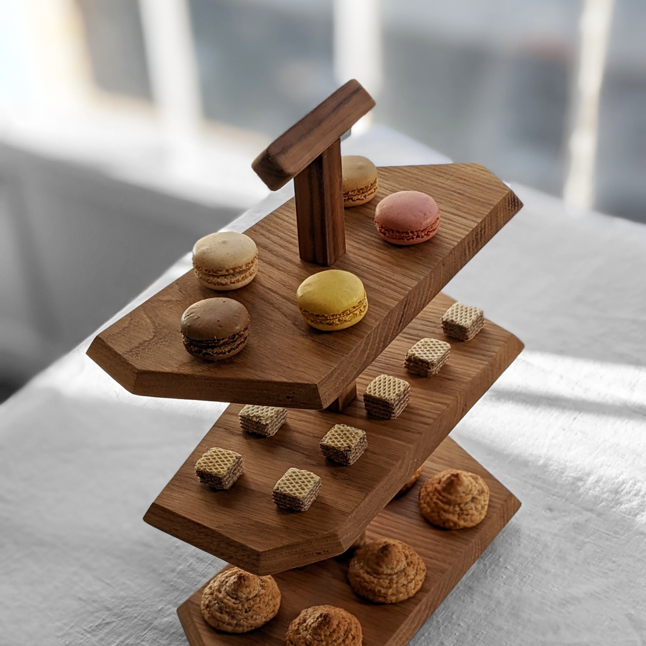 Triple Decker Stand made from Doug Fir wood with a beeswax finish, showcasing three unique levels for display.