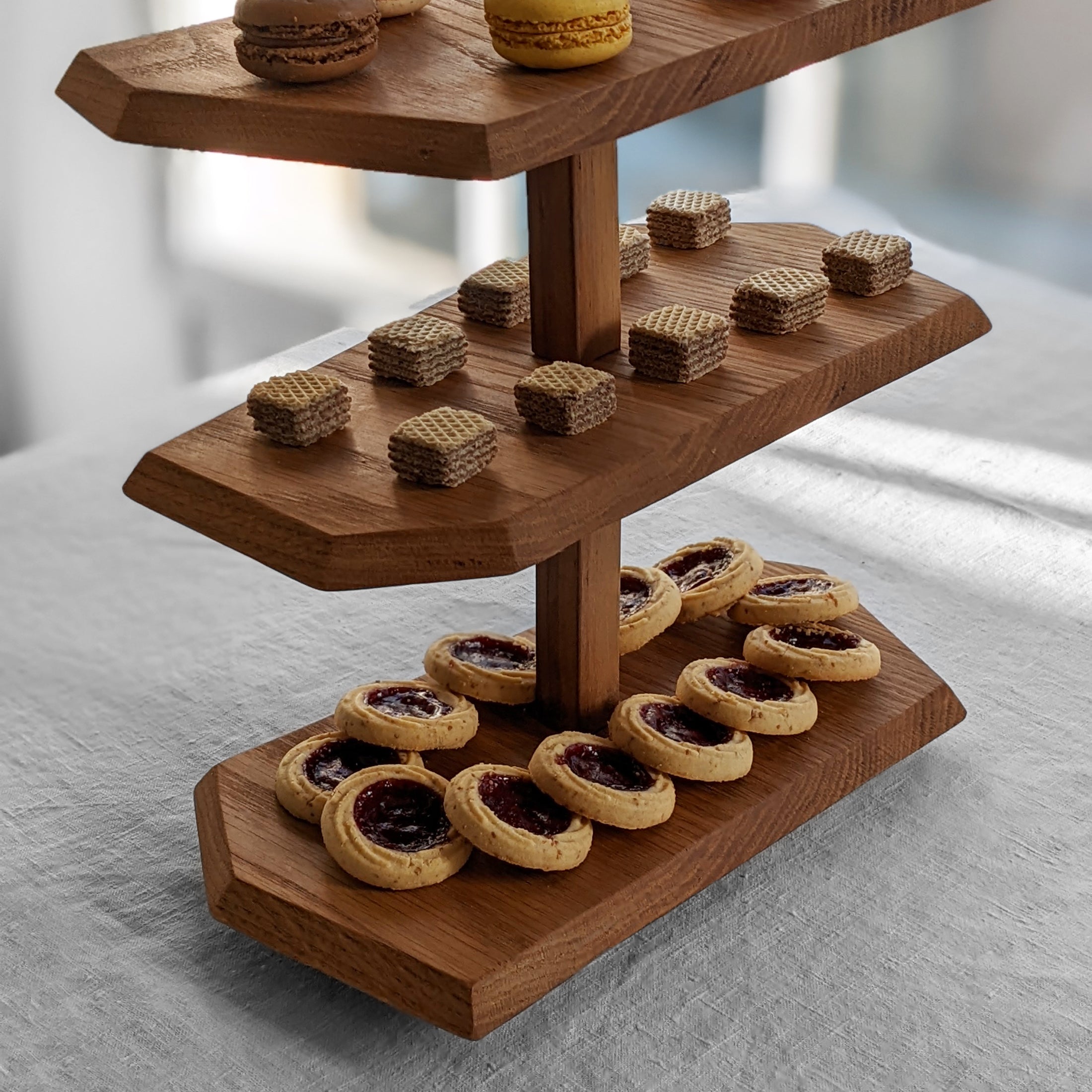 Triple Decker Stand made from Doug Fir wood with a beeswax finish, showcasing three unique levels for display.