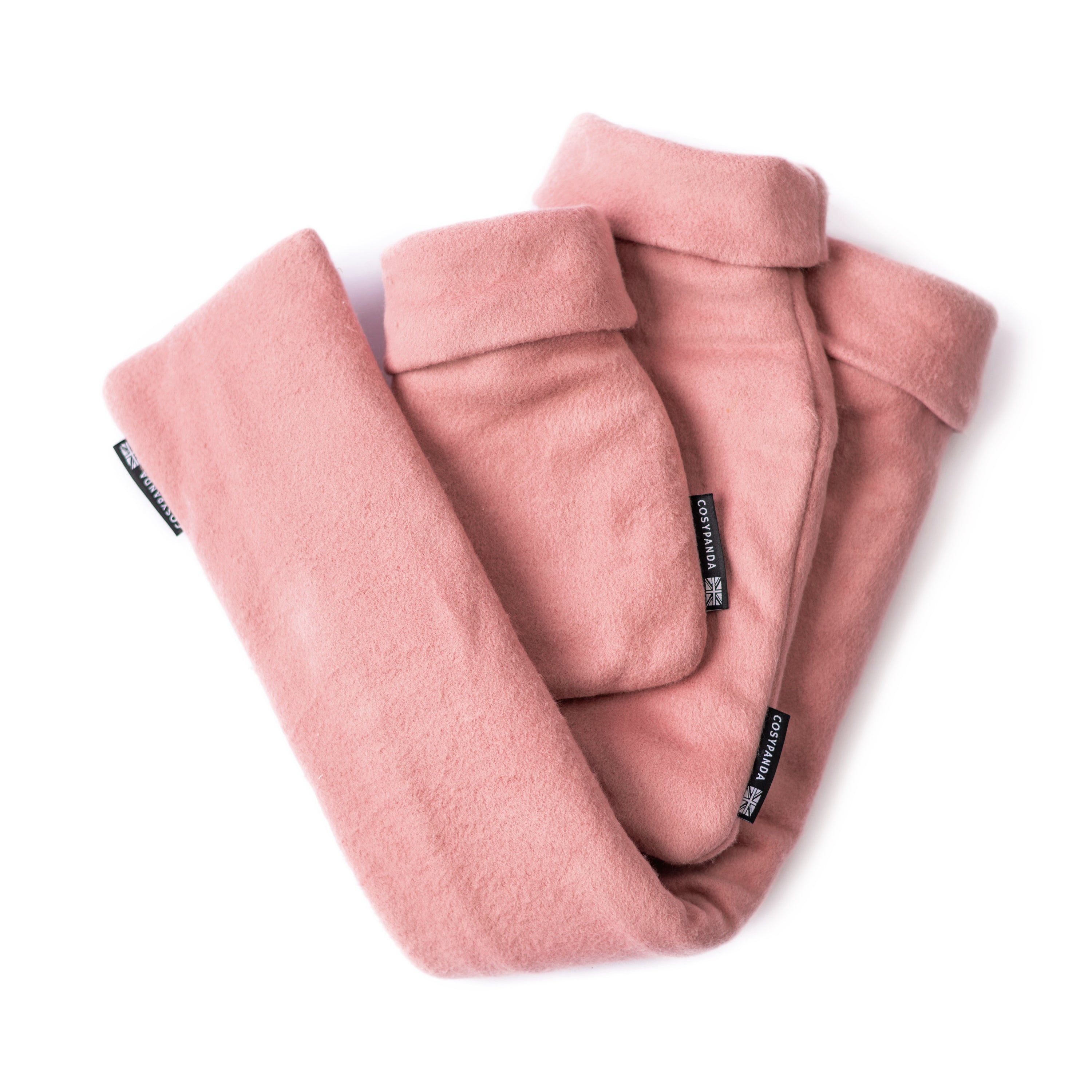 Triple Luxury Organic Cotton Pink Hot Water Bottle Gift Set featuring three sizes: long, regular, and mini, all in soft pink organic cotton covers.