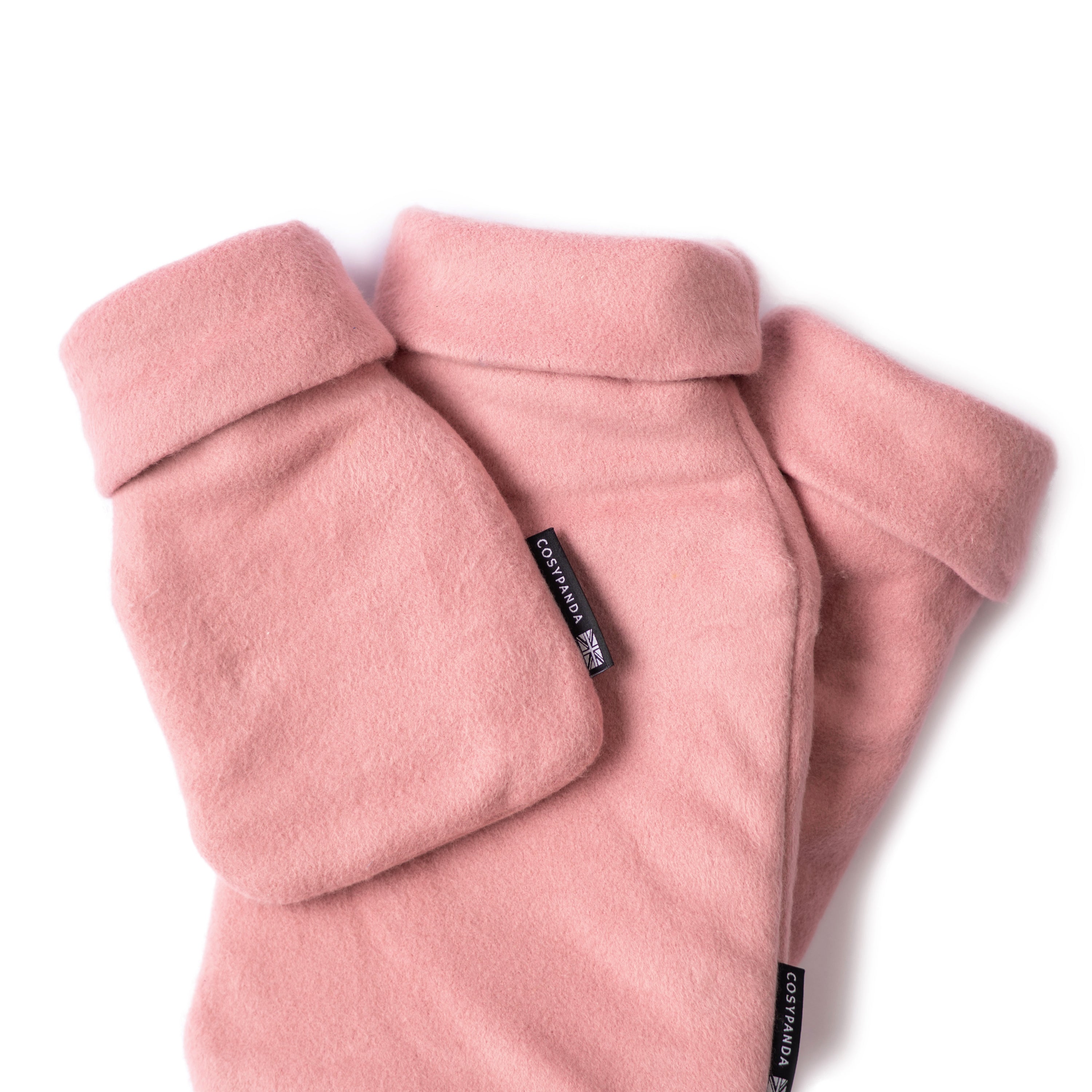 Triple Luxury Organic Cotton Pink Hot Water Bottle Gift Set featuring three sizes: long, regular, and mini, all in soft pink organic cotton covers.