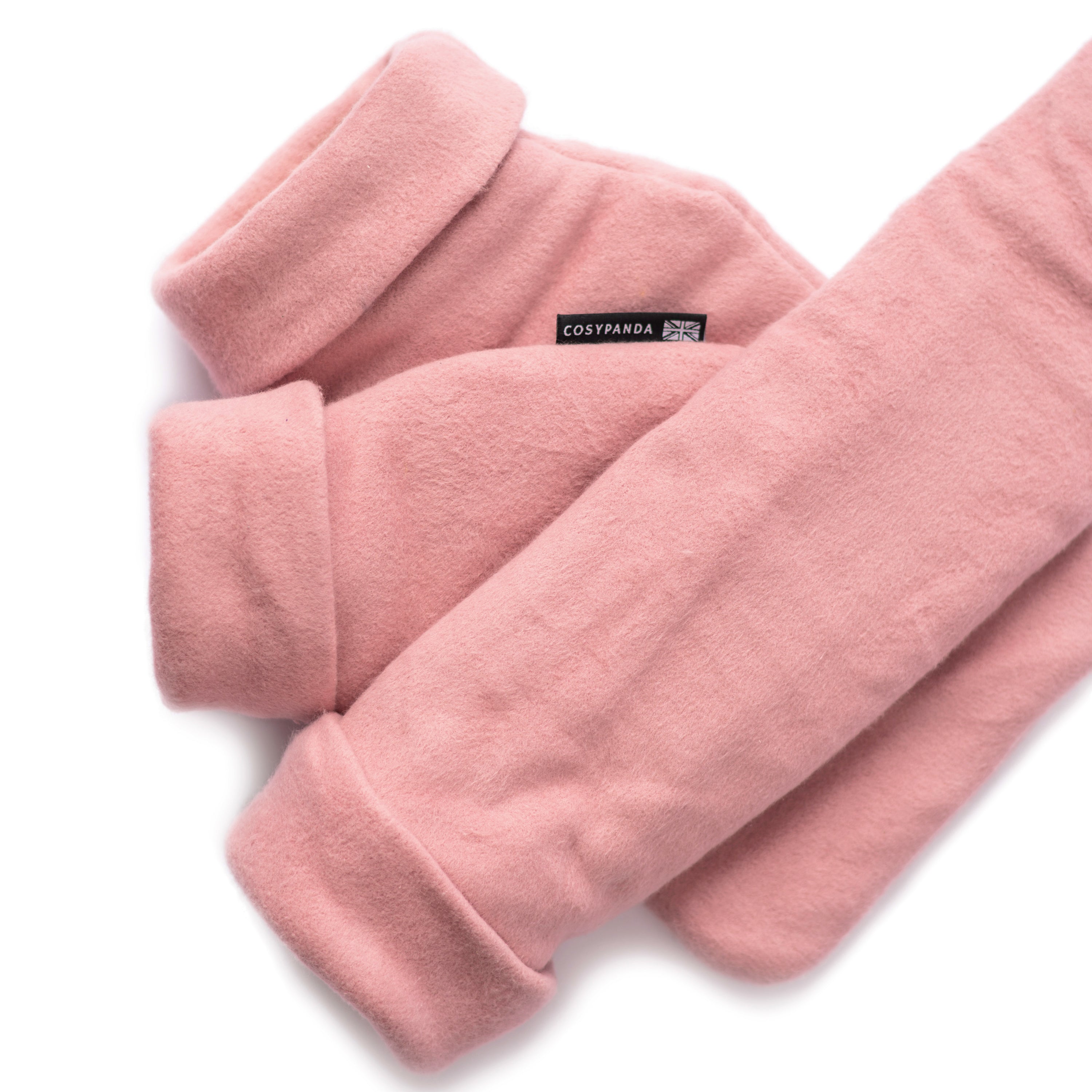 Triple Luxury Organic Cotton Pink Hot Water Bottle Gift Set featuring three sizes: long, regular, and mini, all in soft pink organic cotton covers.