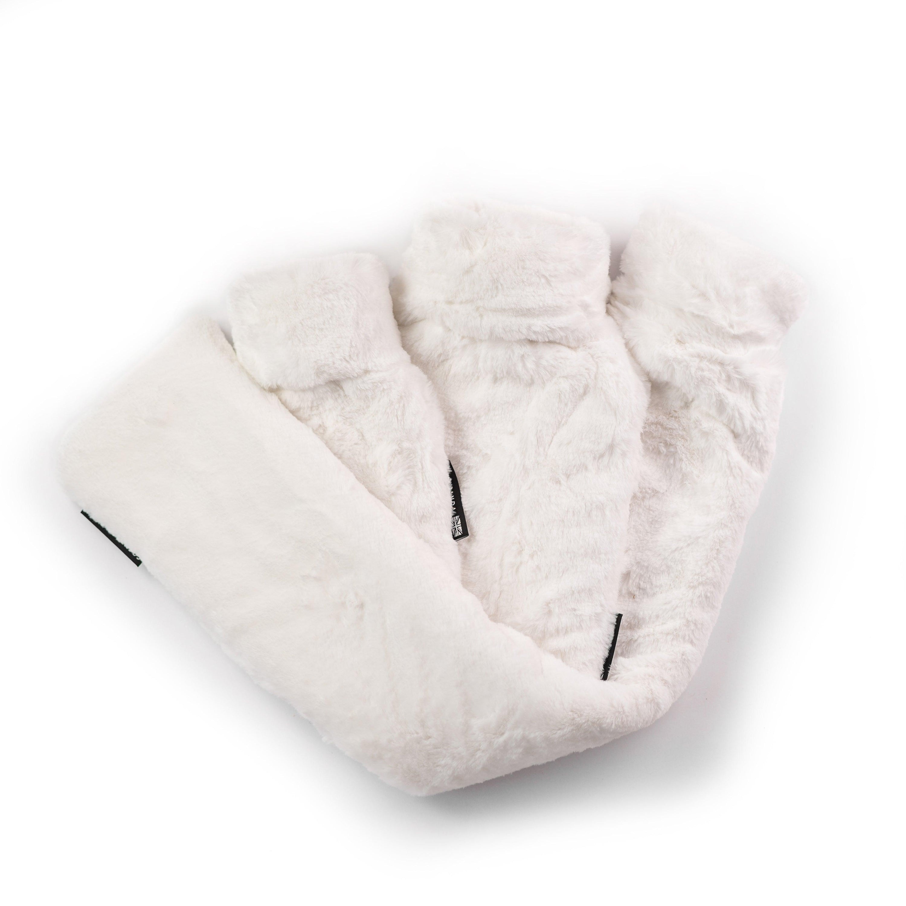 Triple White Faux Fur Hot Water Bottle Set featuring long, regular, and mini sizes in silky soft white faux fur.