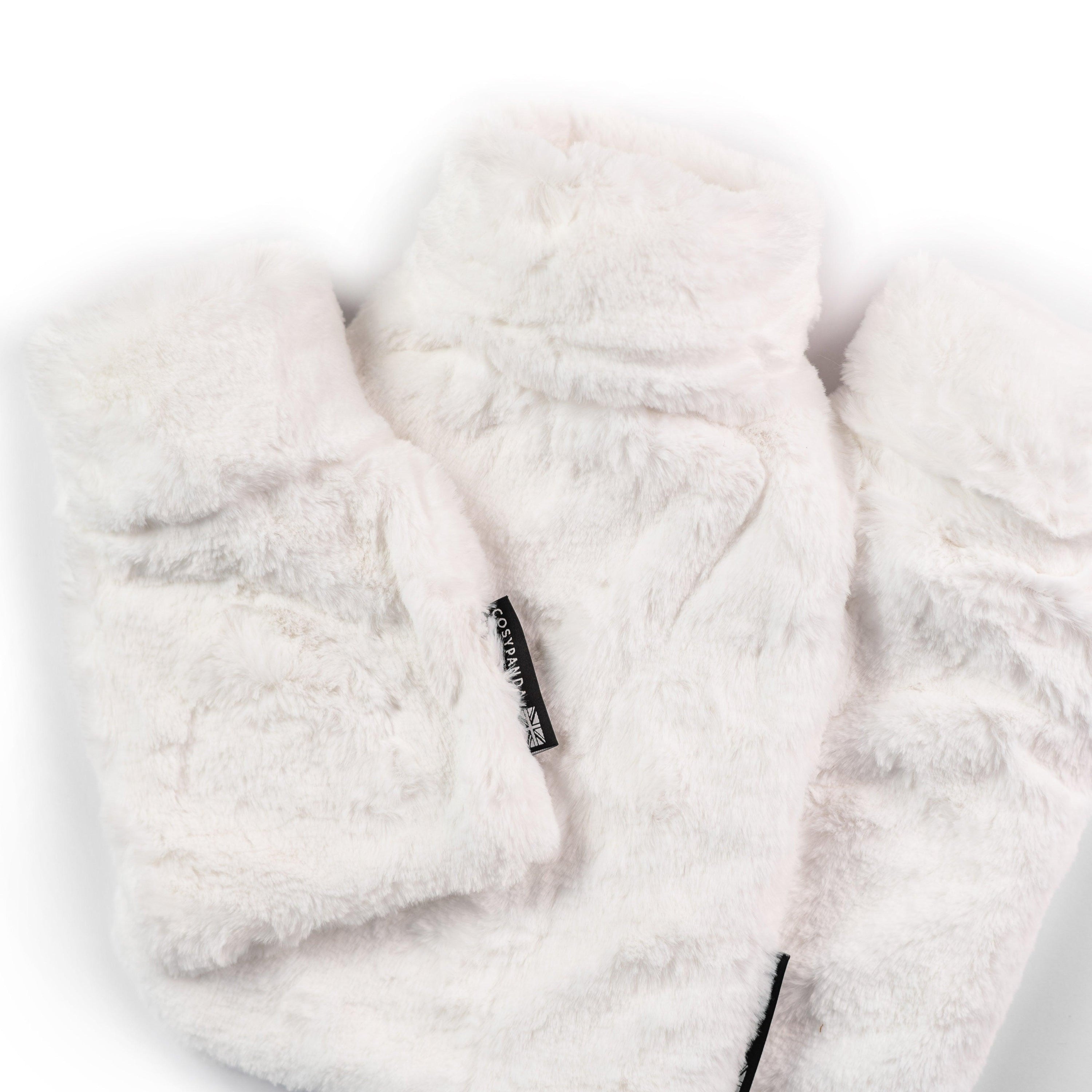 Triple White Faux Fur Hot Water Bottle Set featuring long, regular, and mini sizes in silky soft white faux fur.