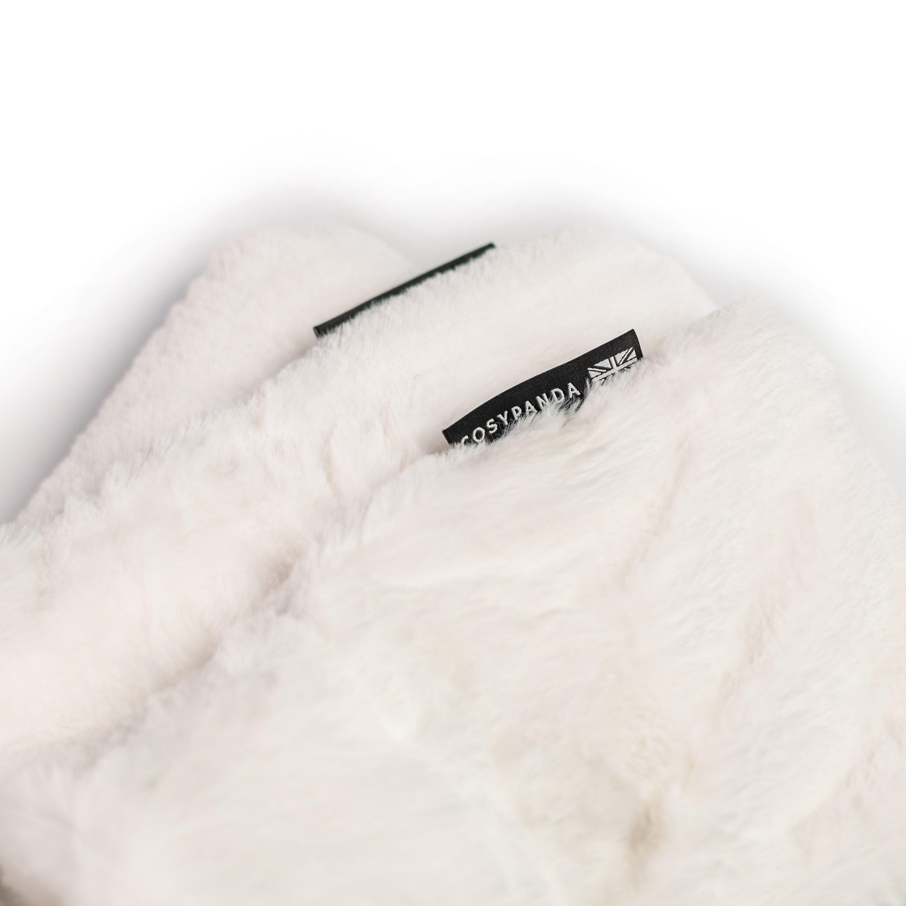 Triple White Faux Fur Hot Water Bottle Set featuring long, regular, and mini sizes in silky soft white faux fur.