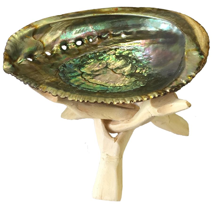 Wooden tripod stand with three carved legs, designed to hold abalone shells, crystal balls, and incense bowls securely.