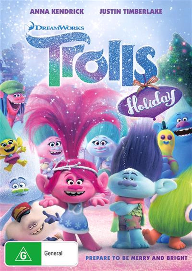 Trolls Holiday DVD cover featuring Queen Poppy and her friends celebrating with colorful decorations.