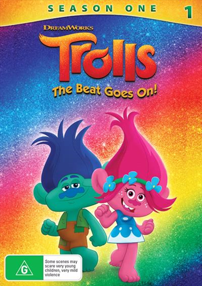 Trolls - The Beat Goes On - Season 1 DVD cover featuring Queen Poppy and Branch in a colorful Troll Village setting.