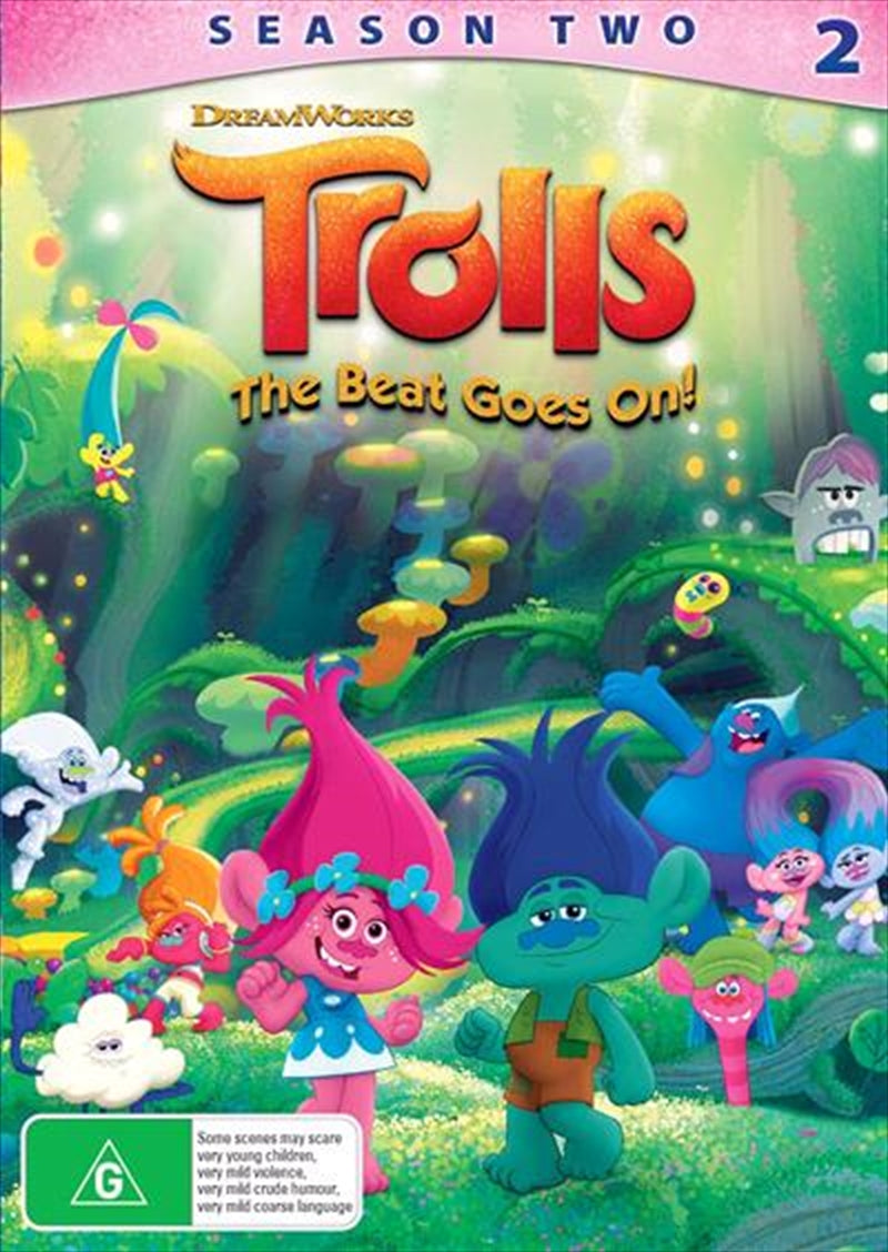 Trolls - The Beat Goes On - Season 2 DVD cover featuring Poppy and Branch in a colorful animated setting.