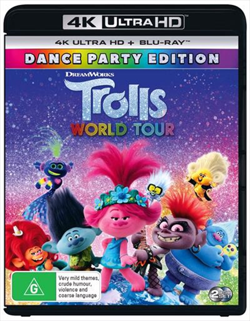 Trolls World Tour Blu-ray + UHD cover featuring Queen Poppy and colorful Troll characters in a vibrant musical setting.