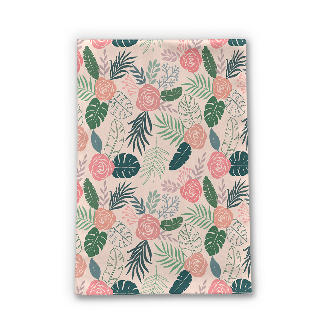 A vibrant Tropical Floral Tea Towel featuring a colorful floral design on a cotton twill fabric, perfect for kitchen use.