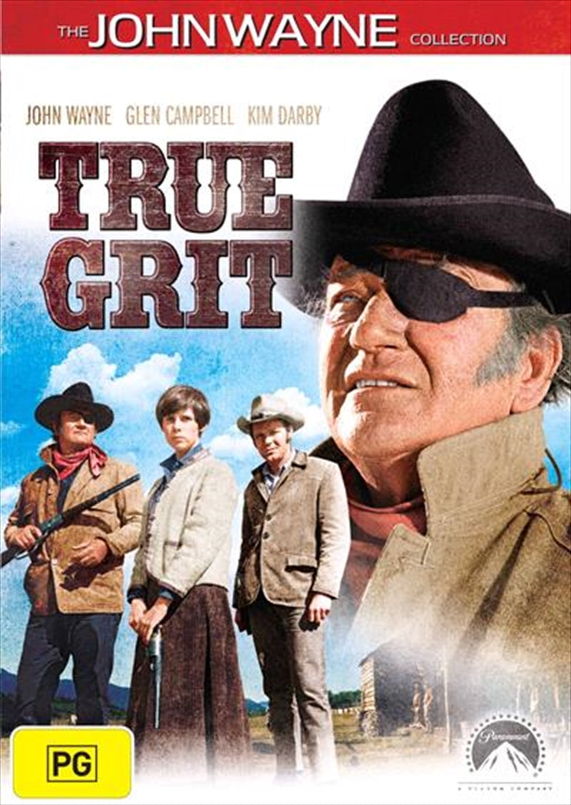 True Grit DVD cover featuring John Wayne as Rooster Cogburn, with a Western landscape background.